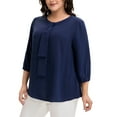 thumbnail image 2 of Agnes Orinda Women's Plus Size Tops Tie Crew Neck 3/4 Ruffle Sleeves Blouse Work Casual Chiffon Shirt 3X Navy Blue, 2 of 6