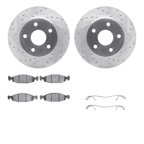 Dynamic Friction Company Front Brake Rotors-Drilled and Slotted-Silver with Ultimate Duty Performance Brake Pads includes Hardware 7412-42032