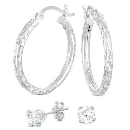 Brilliance Fine Jewelry - CZ Sterling Silver Stud and Hoop Earrings Set