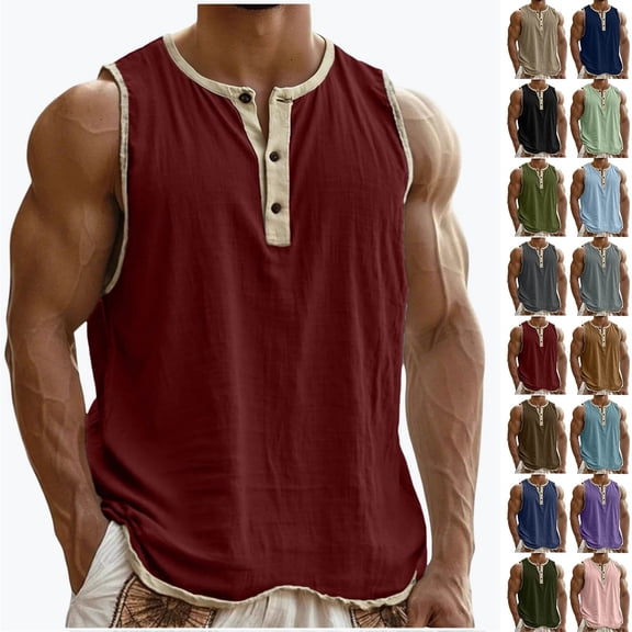 YgkuHd Men's Cotton Linen Sleeveless Henley Tank Top, Casual Button Down Beach Summer T-Shirt,Wine_L