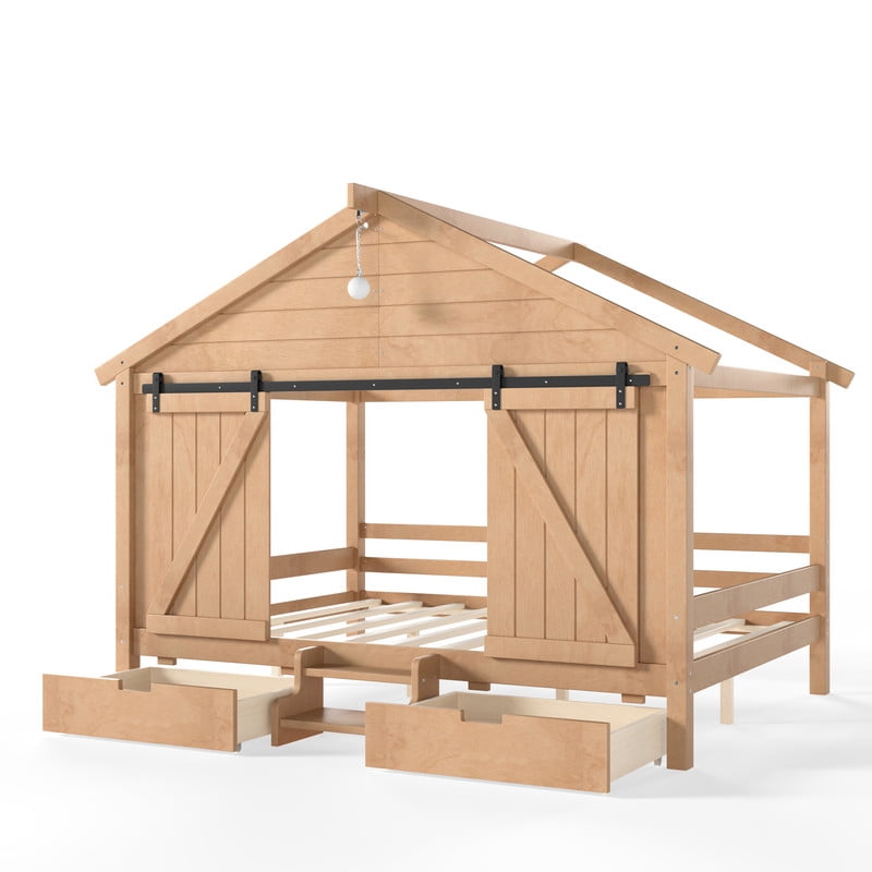 Full Size Farmhouse House Bed with Sliding Barn Doors & Light Bulb, Wood Kid's Platform Bed Frame with Stair & Drawers