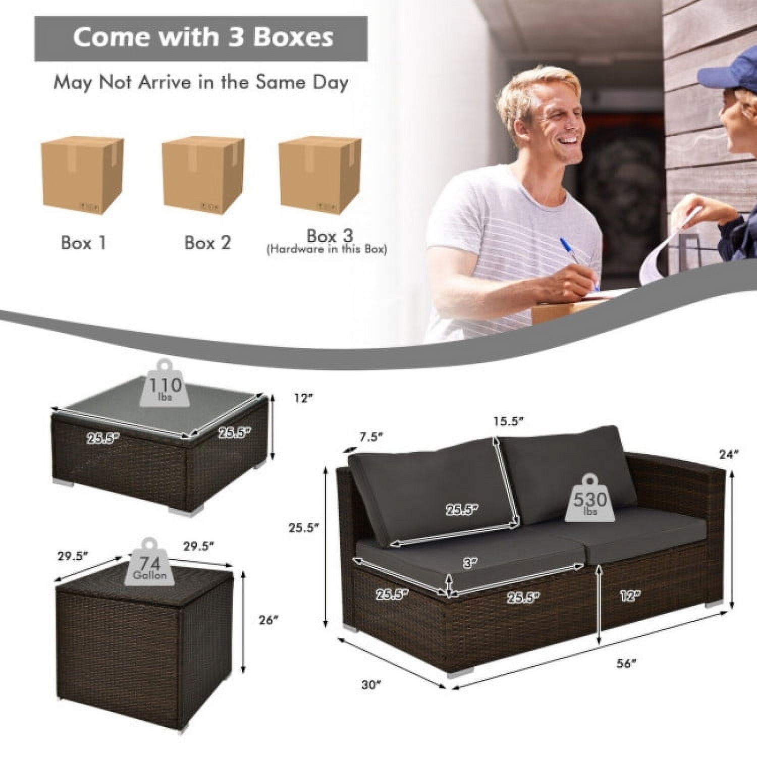 Aimee Lii 4 Pieces Patio Rattan Cushioned Furniture Set with Armrest and Storage Box, Outdoor Patio Set, Brown