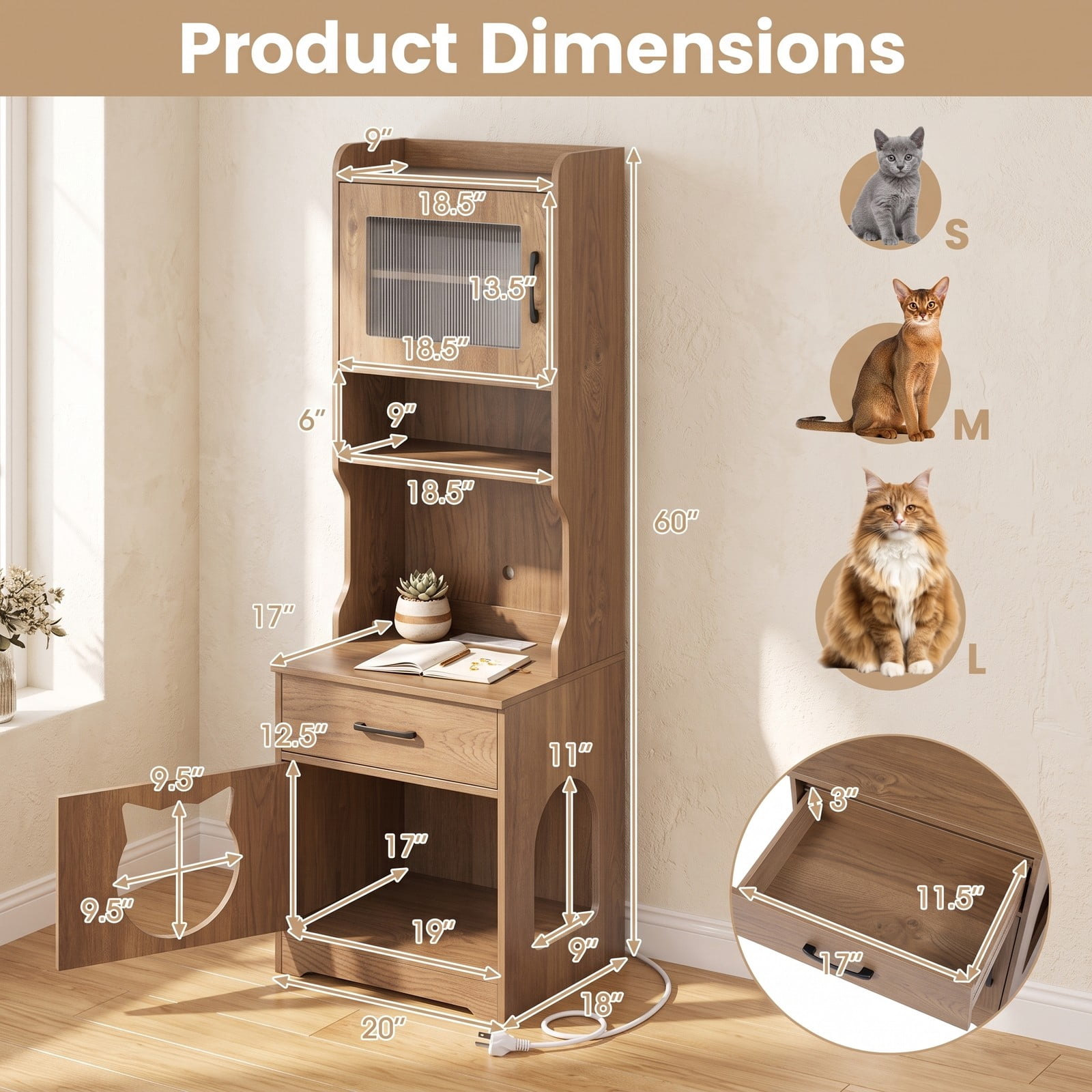 ALPULON 60 Inch Cat Litter Box Enclosure Furniture with Adjustable LED Light, Storage Shelves and Charging Station, Hidden Litter Box Cabinet Side, Natural and White