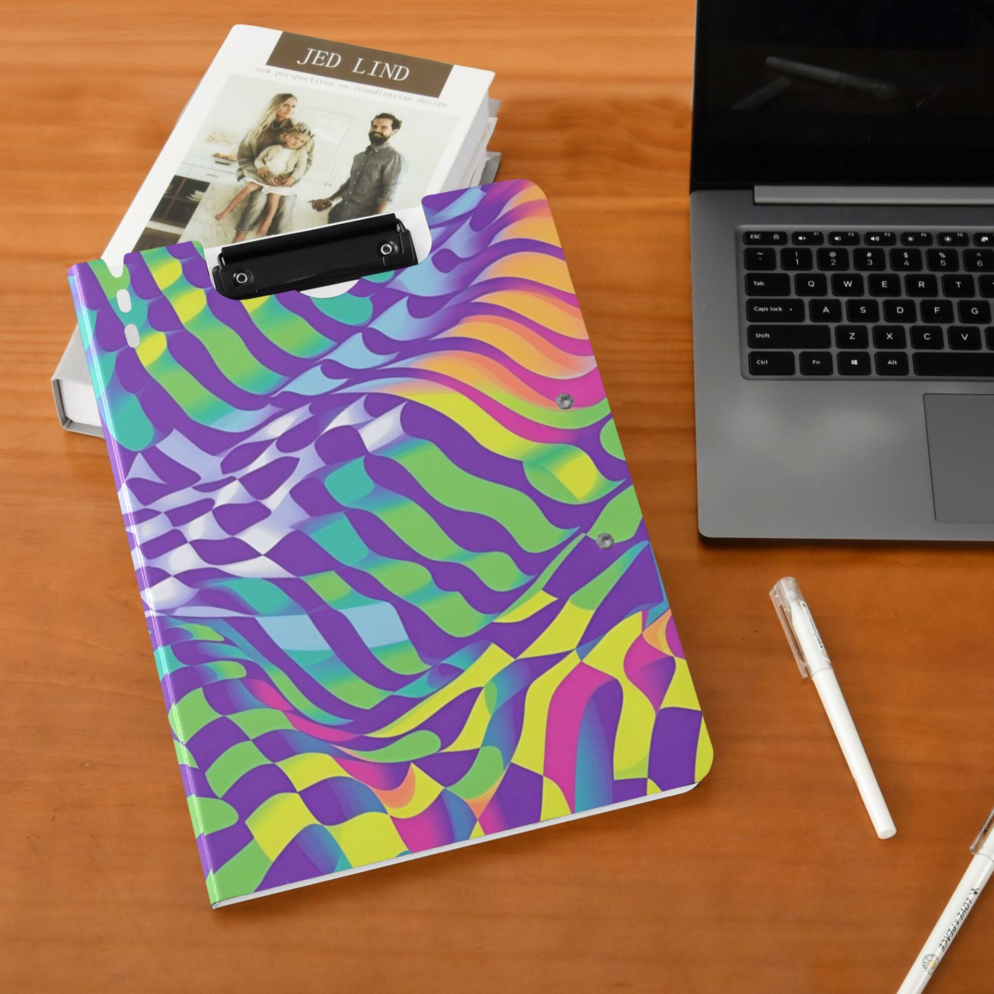 FORMRS A4 Clipboard Folder with Pen Holder Horizontal Foldable School Office Binder, Green Wavy Pattern
