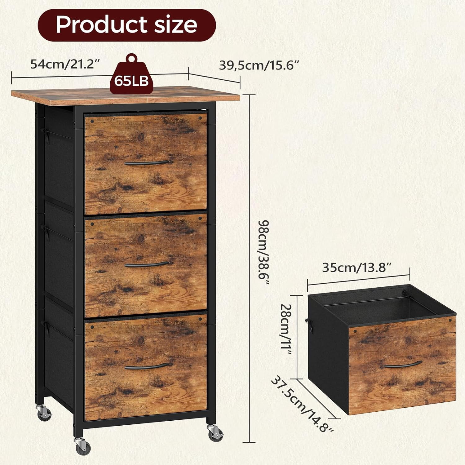3 Drawer File Cabinet, Vertical Filing Cabinet with Wheels, Printer Stand with Non-Woven Fabric Drawer, Adjustable Hanging Rods, fits A4/Letter Size, for Home Office