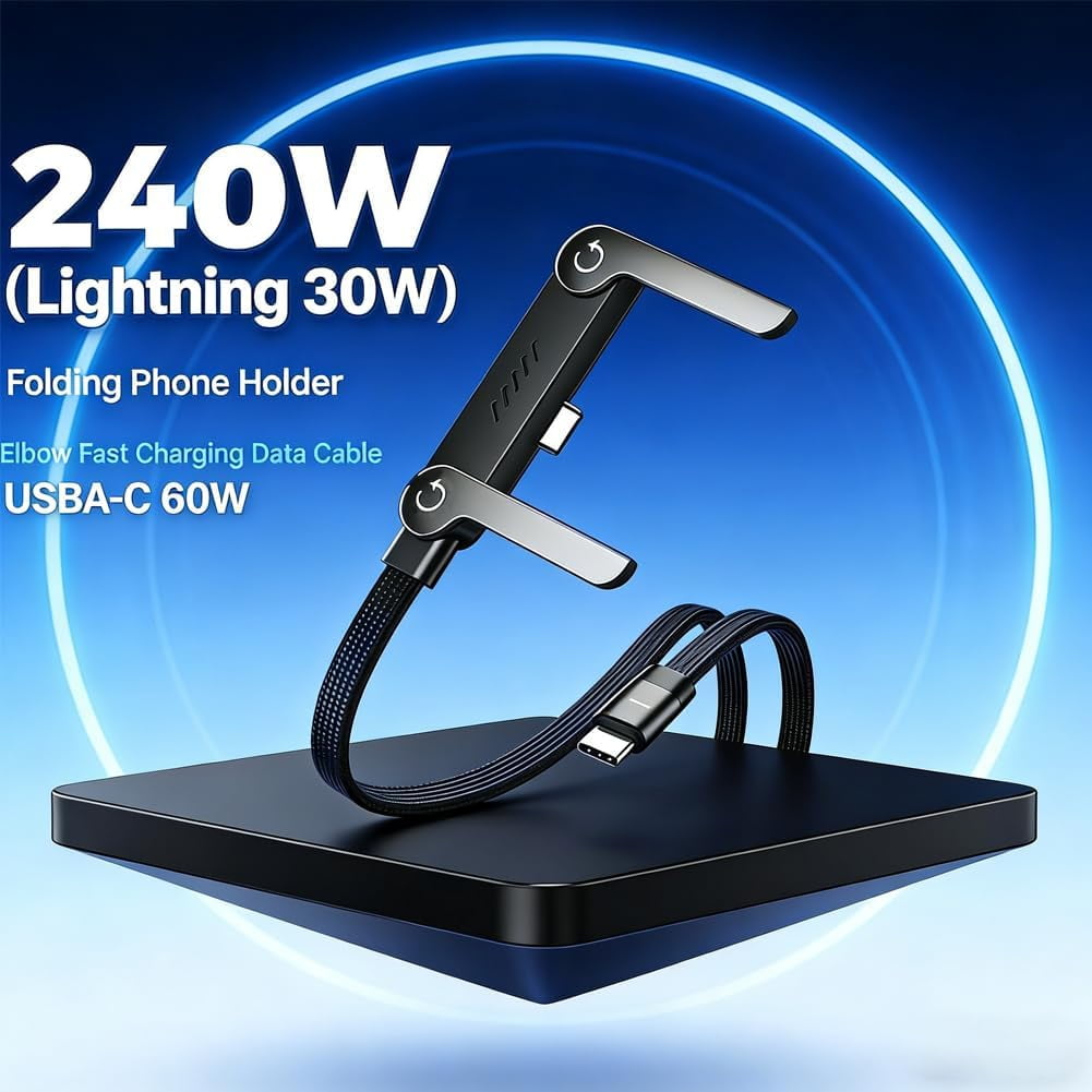 240W Braided Fast Charge Cable with Built-in Phone Stand, 2-in-1 Invisible Holder Charger Cable – 240W Fast Charging Cord with Built-in Sideways Phone Charger USB C, Side Charger Type C