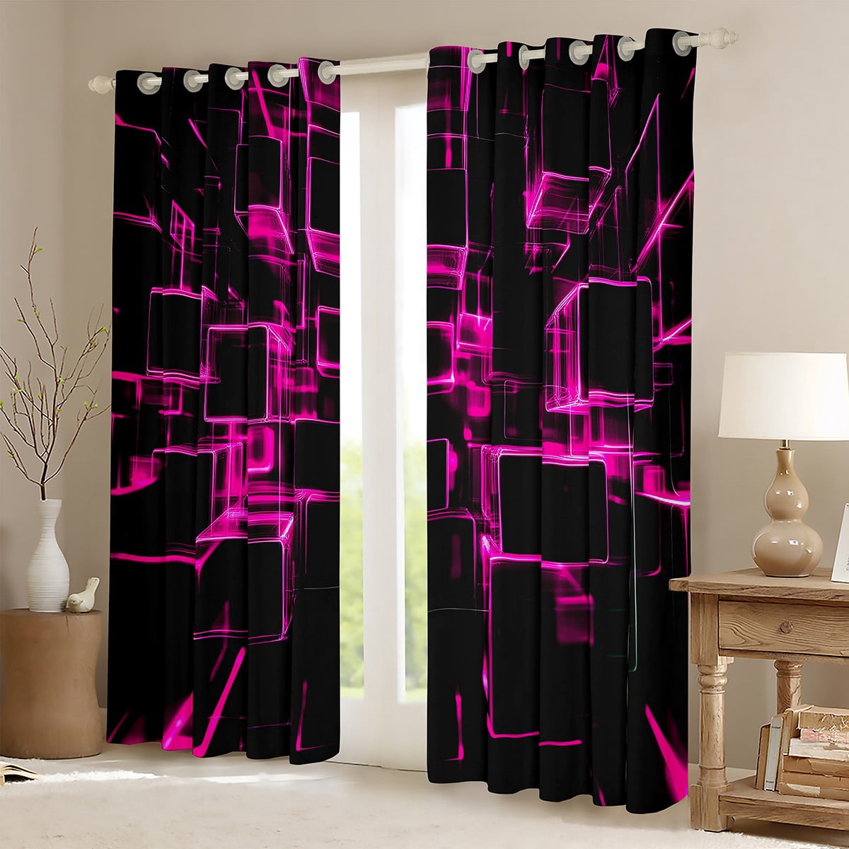 Erosebridal Geometric Buffalo Curtains and Drapes (38Wx54L),Black Pink 30%-50% Blackout Curtains for Bedroom,Curtains for Living Room,Plaid Decor