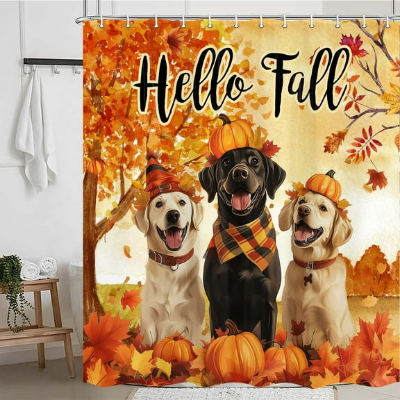 Fall Funny Dog Shower Curtain, Rustic Farmhouse Autumn Maple Leaves Pumpkin Bathroom Shower Curtains, Fabric Thanksgiving Harvest Bath Curtain Accessories Set Decor with Hooks 69X70IN