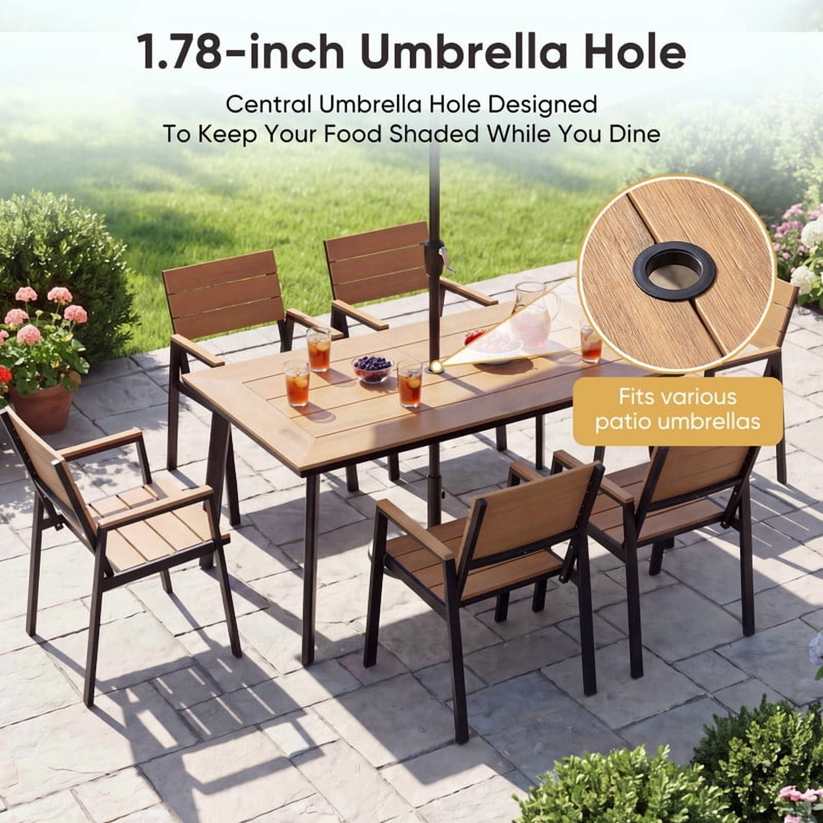 Vineego 7‑Piece Patio Dining Set for 6, Weather‑Resistant Aluminum & HIPS Outdoor Furniture with Umbrella Hole