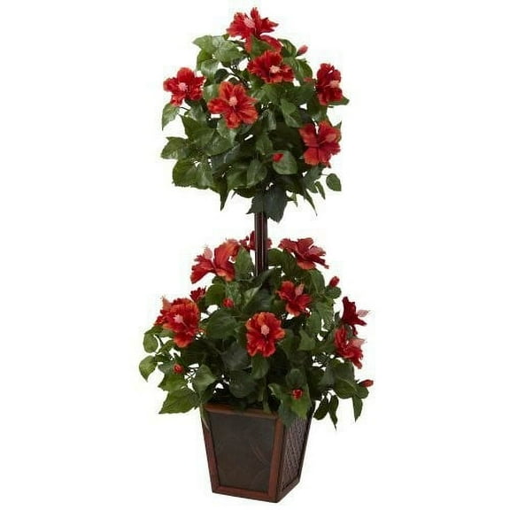 Nearly Natural 39" Hibiscus Artificial Topiary, Red/Green