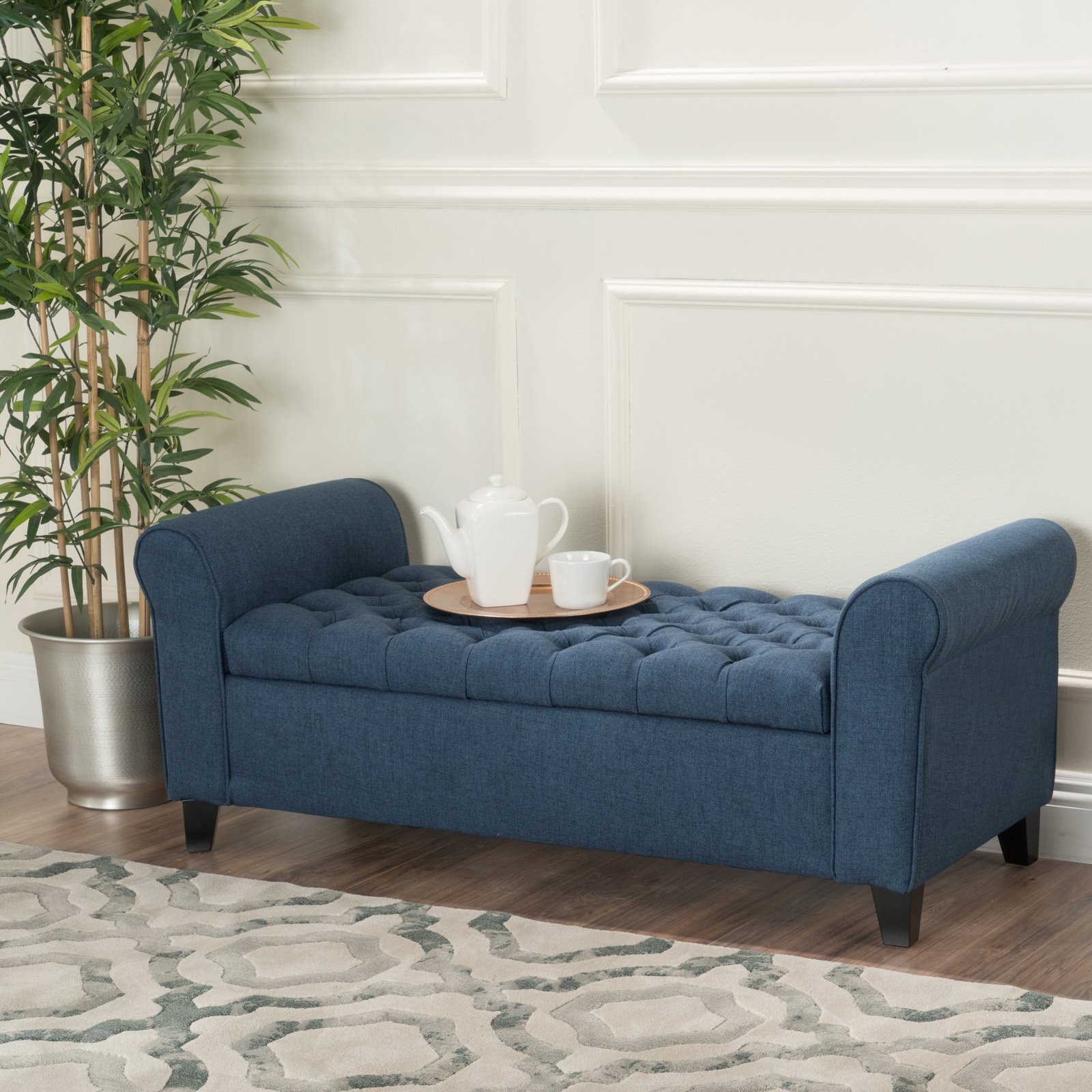 Blue Fabric Storage Bench Backless Armed Accent Entryway ...