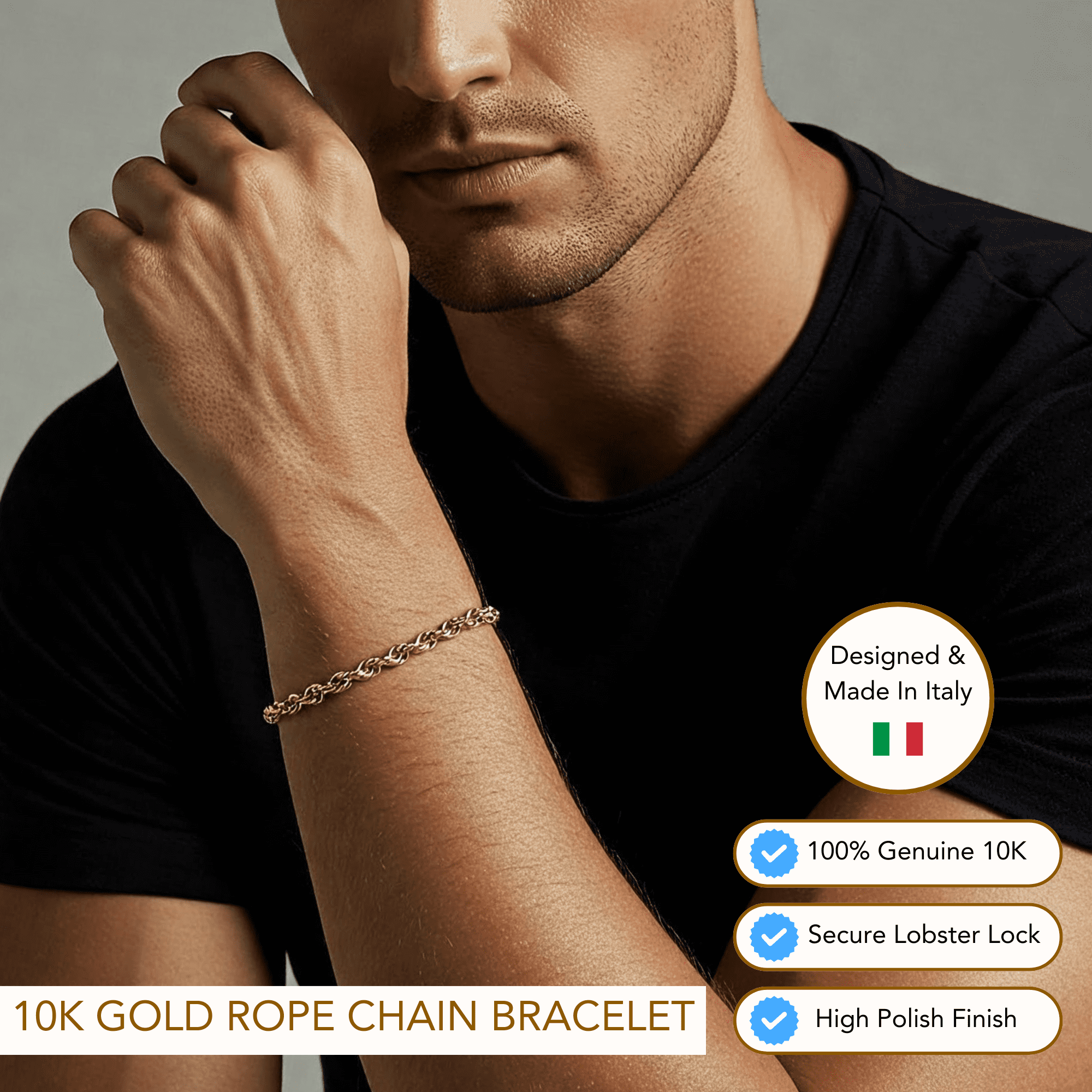 Tilo Jewelry 10K Yellow Gold Diamond-Cut Rope Chain Bracelet with Secure Lobster Lock | 4mm - 7.5 Inch | Everyday Bracelet for Men, Women, Unisex