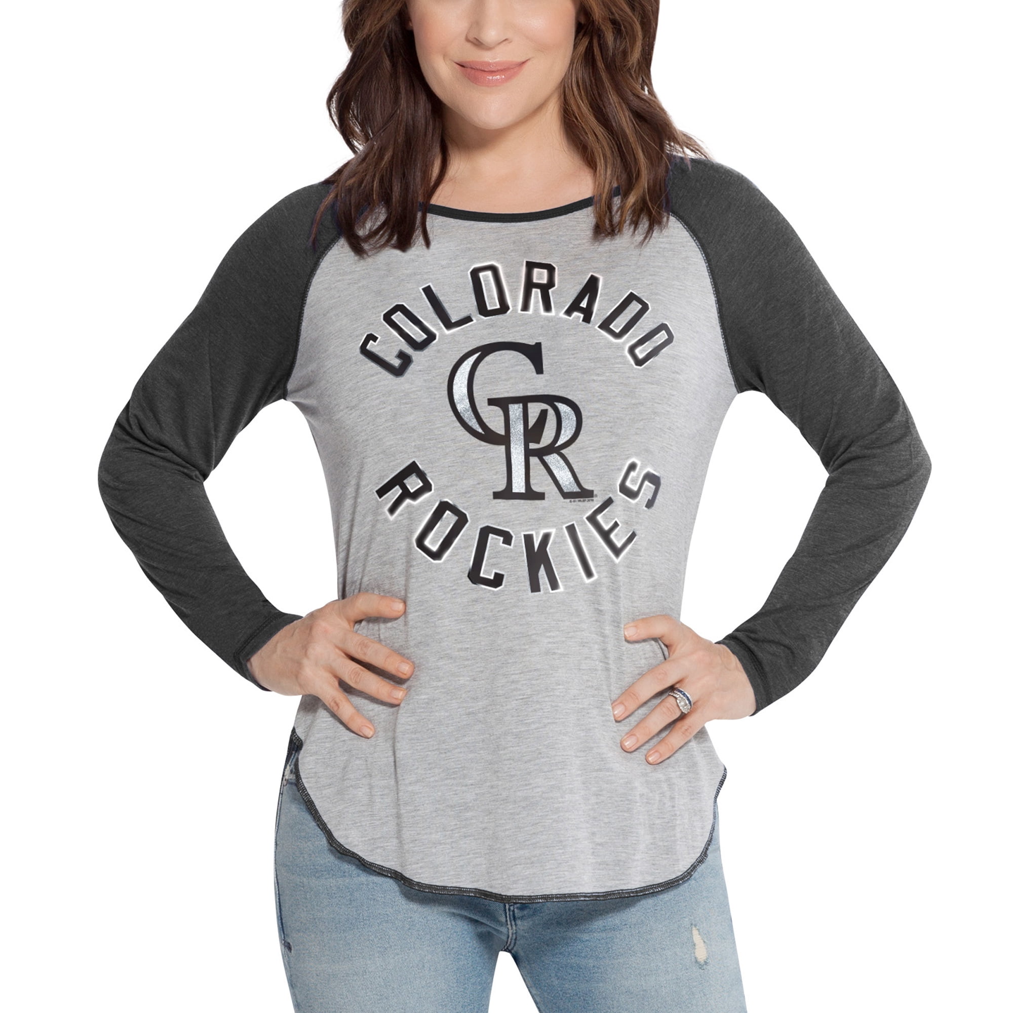 Colorado Rockies Touch by Alyssa Milano Women's Line Drive Raglan Long Sleeve T-Shirt Heathered Gray Black by G-III LEATHER FASHIONS INC