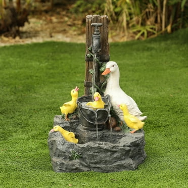 LuxenHome Outdoor Water Fountain, 23" Duck Family Waterfall Fountains Garden Water Feature Decor