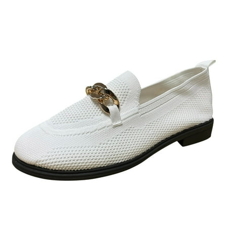 

Women Walking Shoes Fashion Autumn Women Casual Shoes Flat Low Heel Fly Woven Mesh Breathable Comfortable Slip On Chain casual shoes for Women MESH White