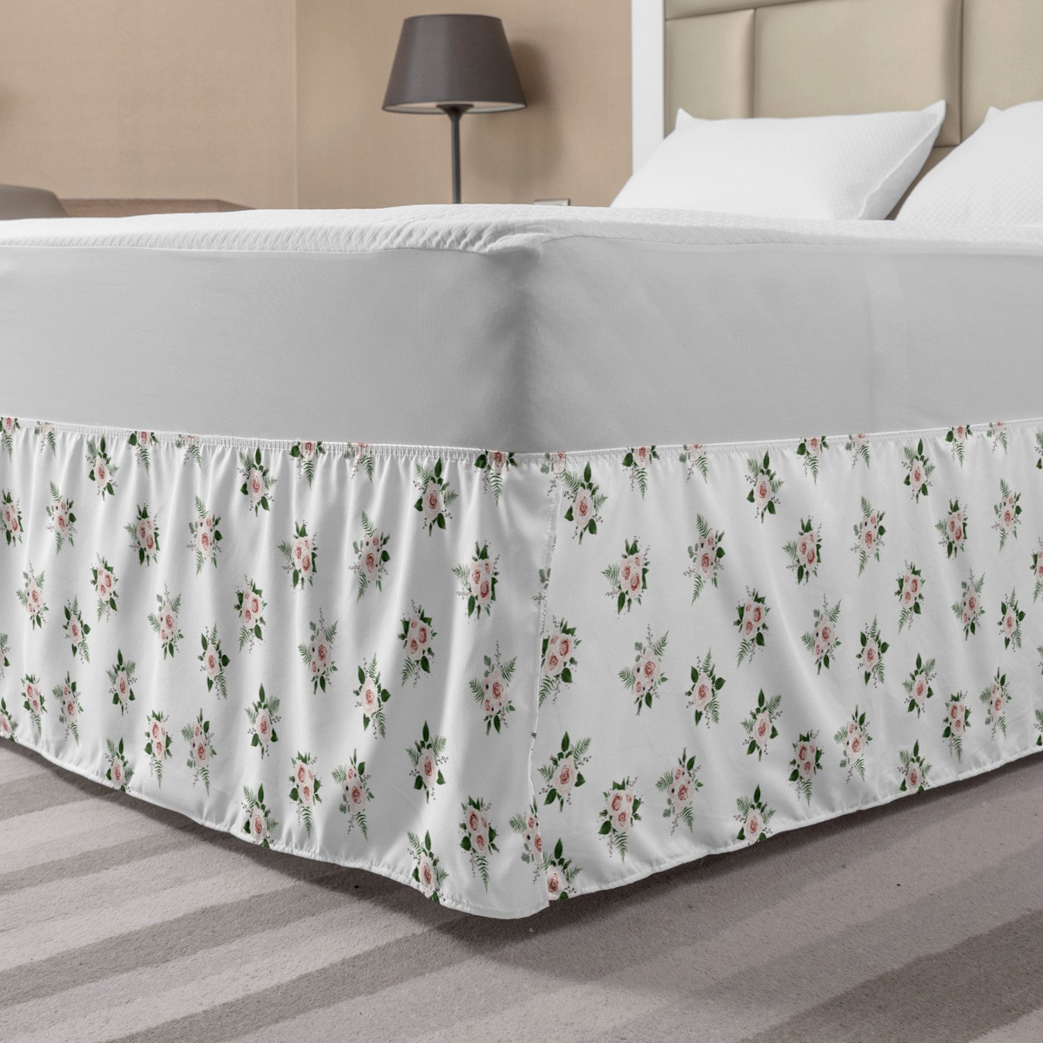 Floral Bed Skirt, Print of Repeating Rose Flower Bouquet Motifs on a