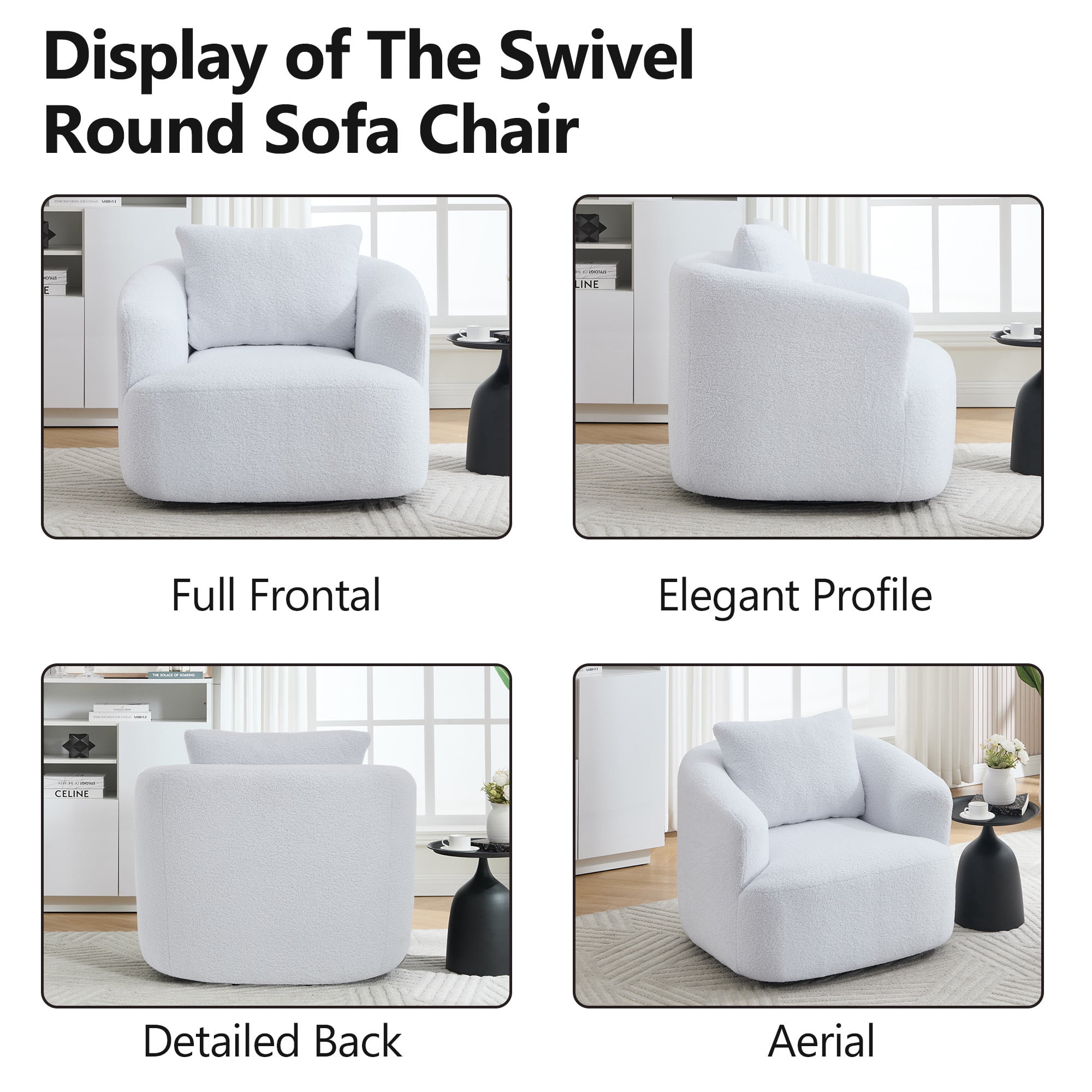 Swivel Accent Chair,360° Round Upholstered Armchair with One Soft Pillow,Teddy Fleece High-Resilience Sponge Single Sofa for Living Room, Bedroom, Apartment,No Assembly,White