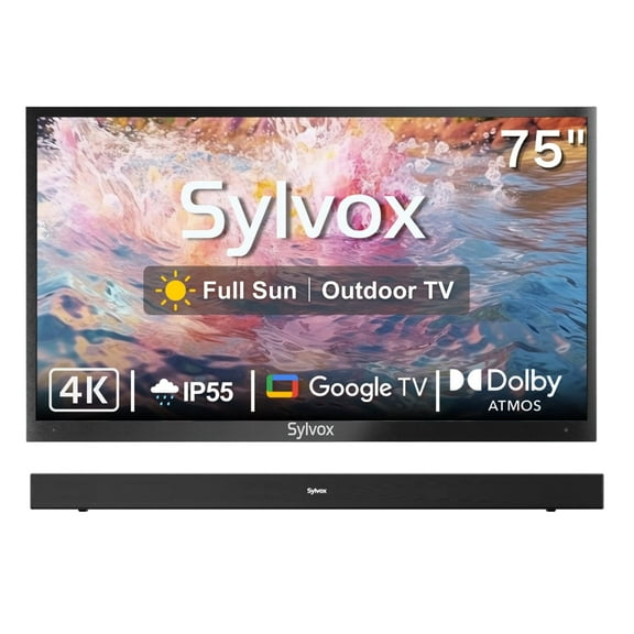 SYLVOX 75" Outdoor TV with Bluetooth Soundbar, IP55 Weatherproof Television, IP65 Waterproof Speaker, 4K UHD Google TV for Full Sun(Pool Pro 2.0)