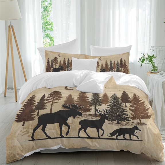 Duvet Cover Twin Size 3 Piece Bedding Set, Vintage Forest Elk Soft Breathable Comforter Cover with 2 Pillow Shams, Black Silhouettes Luxury Duvet Covers with Zipper Closure