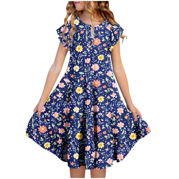 Vestido de verano para niña, de manga corta, con cuello redondo y estampado floral, de poliéster, con bolsillos y volantes.