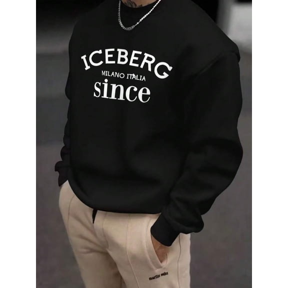 Men's Crew Neck Sweatshirt For Autumn, Printed With White "ICEBERG MILANO ITALIA Since" Lettering, Minimalist Design, Streetwear With Fashionable And Creative Text Prints