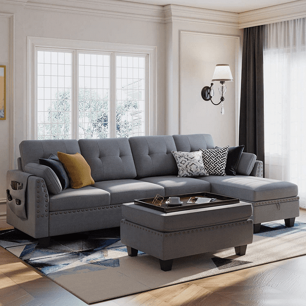 HONBAY Reversible Sectional Sofa Set L Shaped Couch with Tray Storage ...