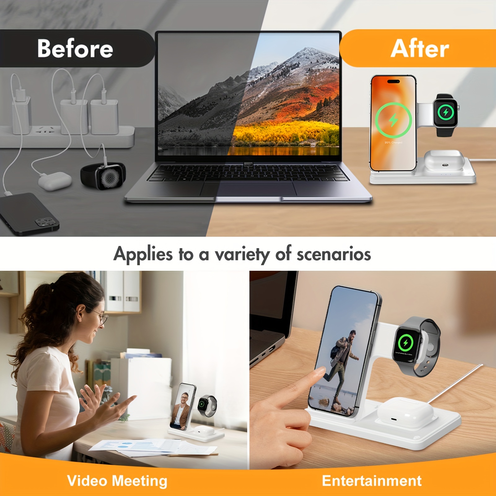 [Fast Wireless Charger] Fast 3-in-1 Portable Wireless Charger | Foldable Charging Station with Adapter - for iPhone 16 15 14 13 12 11 Pro Max/Pro/Mini/Plus, iWatch 9 8 7 6 5 4 3 2 Se, Airpods 3 2 Pro