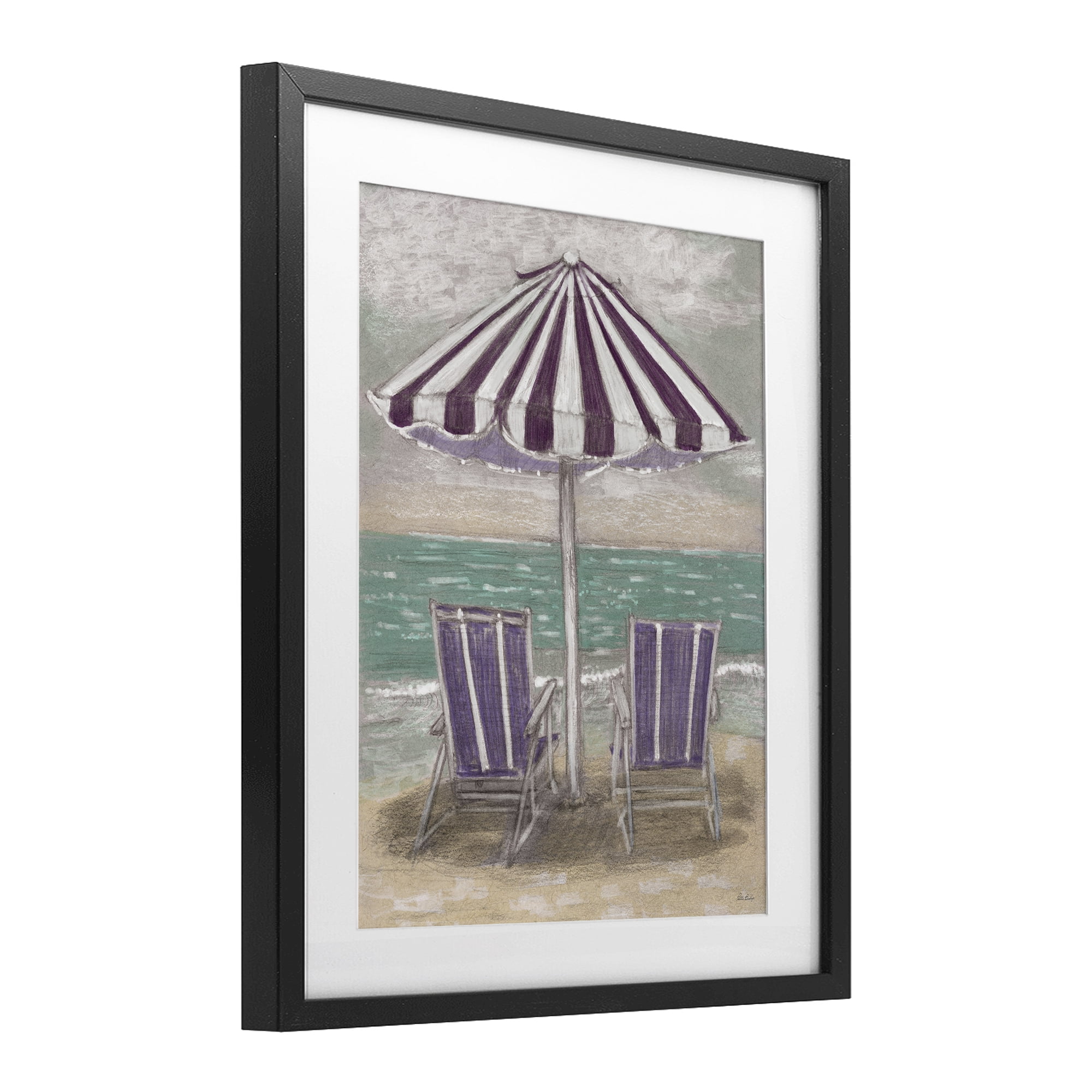 Stupell Industries Umbrella & Chairs on Beach Black Framed Print Under Glass, design by Patti Bishop
