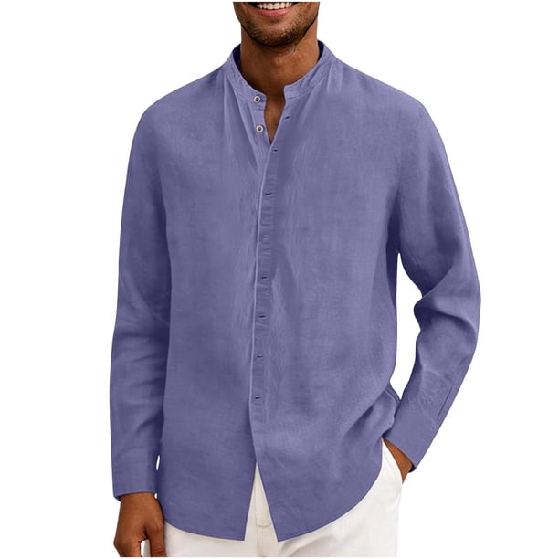 Ceisia Men's Relaxed Fit Linen Blend Stand Collar Shirt, Solid Color Long Sleeve Casual Button-Up Top Gifts