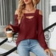 thumbnail image 3 of Camiseta de manga larga con cuello en U para mujer: prenda suave y cómoda para otoño/invierno, color liso, detalles recortados, estilo versátil., 3 of 8