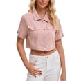 thumbnail image 4 of INSPIRE CHIC Women's Denim Cropped Short Sleeve Button Up Frayed Washed Jean Jacket S Pink, 4 of 6