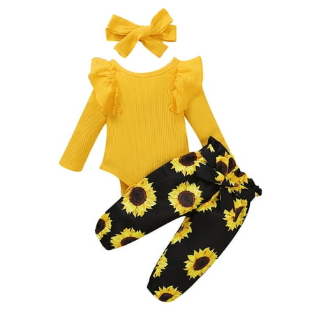 

Efsteb Cute Newborn Baby Girl Clothes Infant Solid Rib Frill Long Sleeve Ruffles Romper Tops Floral Long Pants Headband Set 3pcs Outfits Yellow 6-9 Months