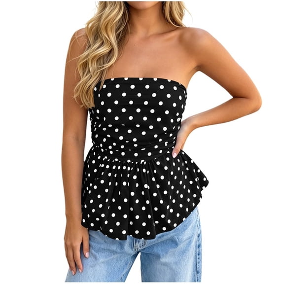 Aezemi Women Strapless Tank Tops, Sleeveless Tube Ruched Fashion Bandeau Tanks, Peplum Open Back Trendy Summer Vacation Blouse