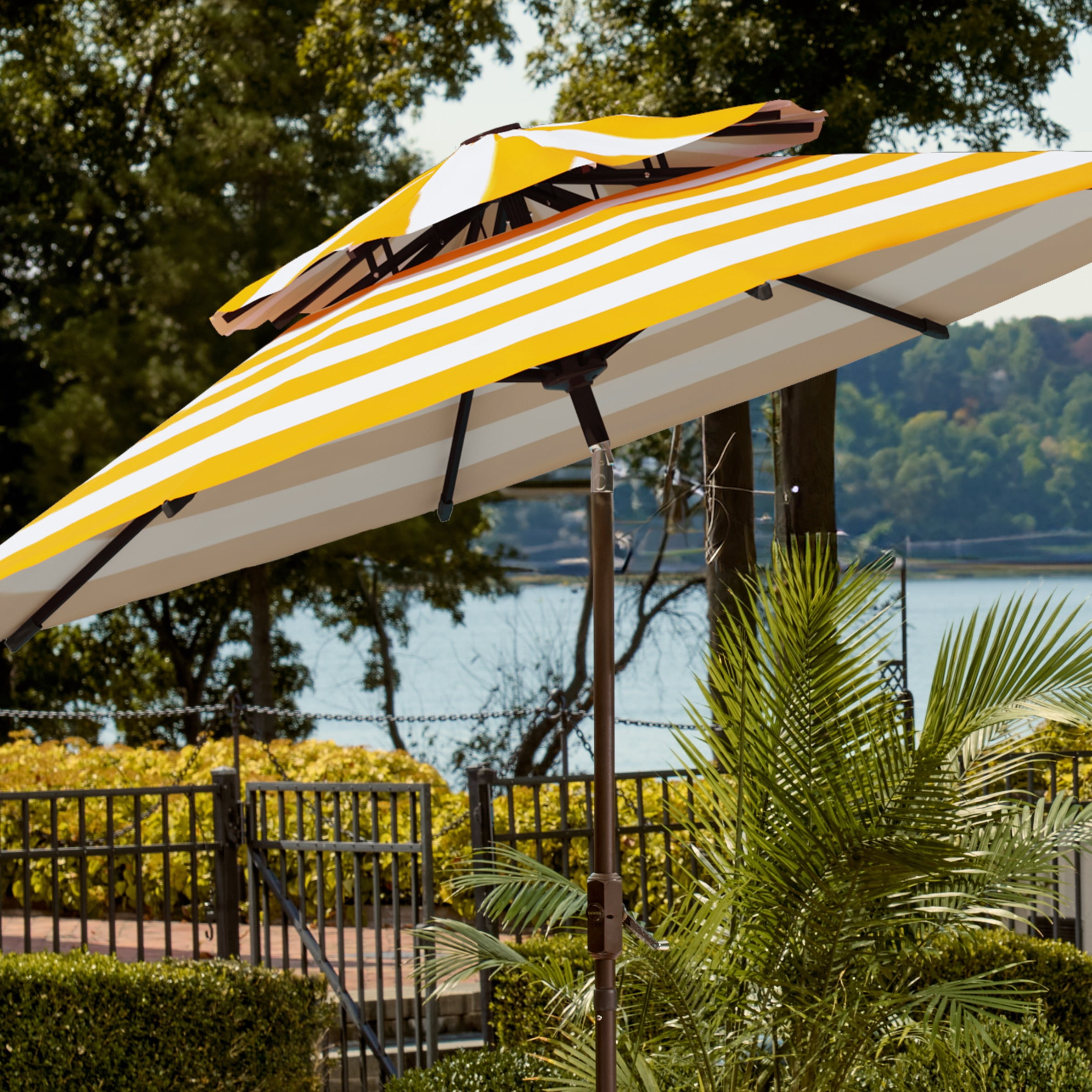 Safavieh Outdoor Iris 9ft Doubletop Crank Patio Umbrella, Yellow Stripe