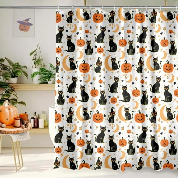 Halloween Shower Curtain 72x72 Inch Black Cat Shower Curtains for Bathroom with Hooks Halloween Bathroom Home Bath Decor Waterproof Fabric