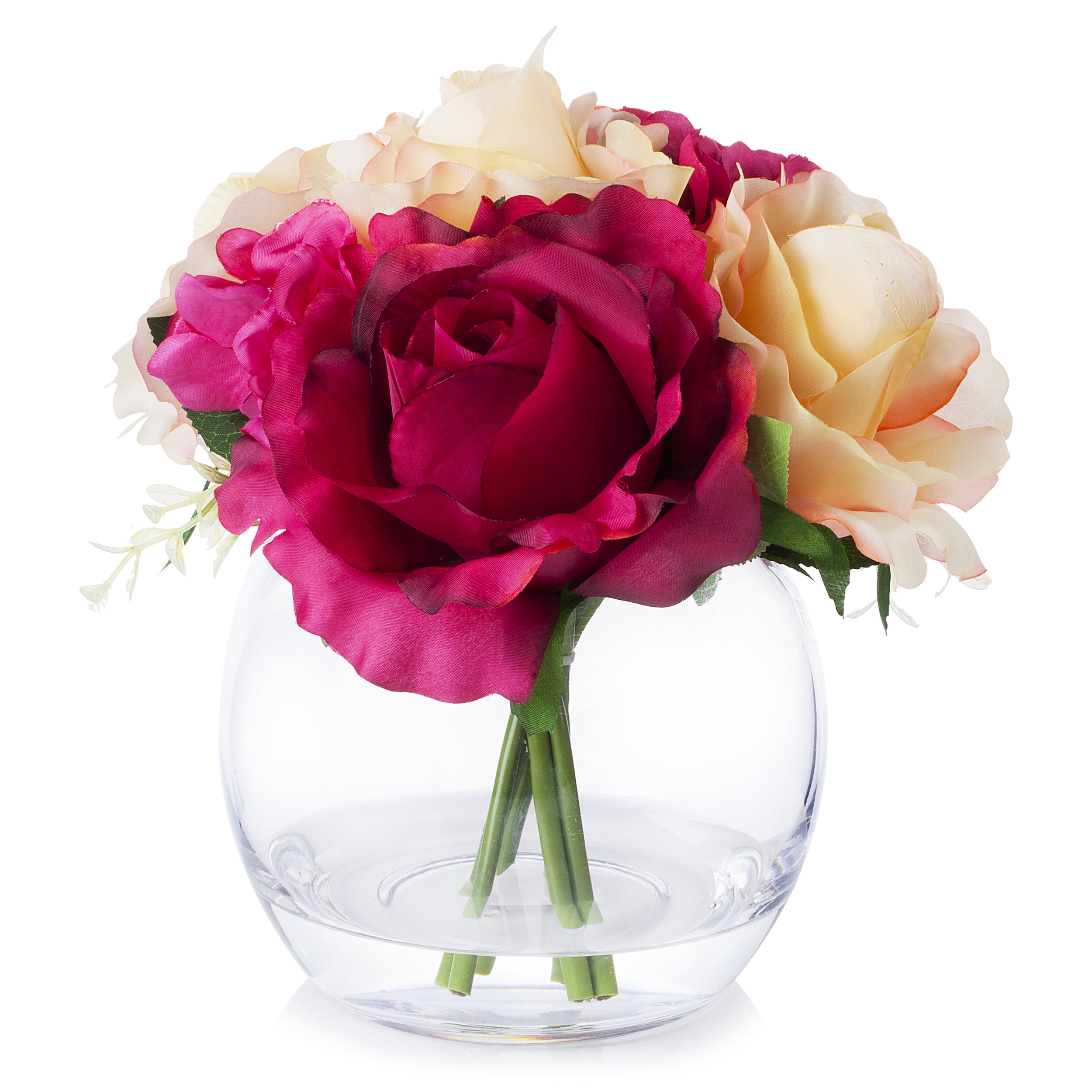 Enova Home Mixed Silk Rose and Hydrangea Flower in Glass Vase With Faux Water
