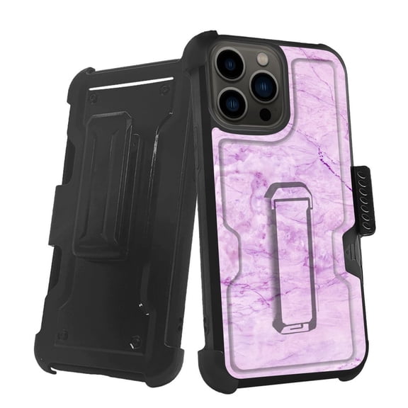 ANJ  Rugged Shockproof Holster Case w/Card Slot, Kickstand   Tempered Glass for iPhone 13 Pro (6.1") - Purple Marble Pattern