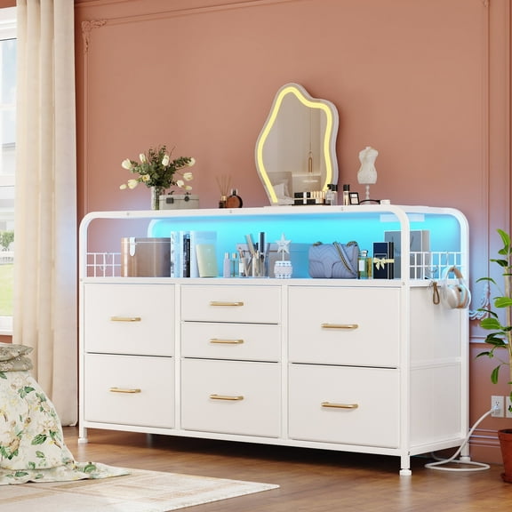EnHomee White Dresser for Bedroom Fabric Dressers with Shelves LED Lights & Charging Station