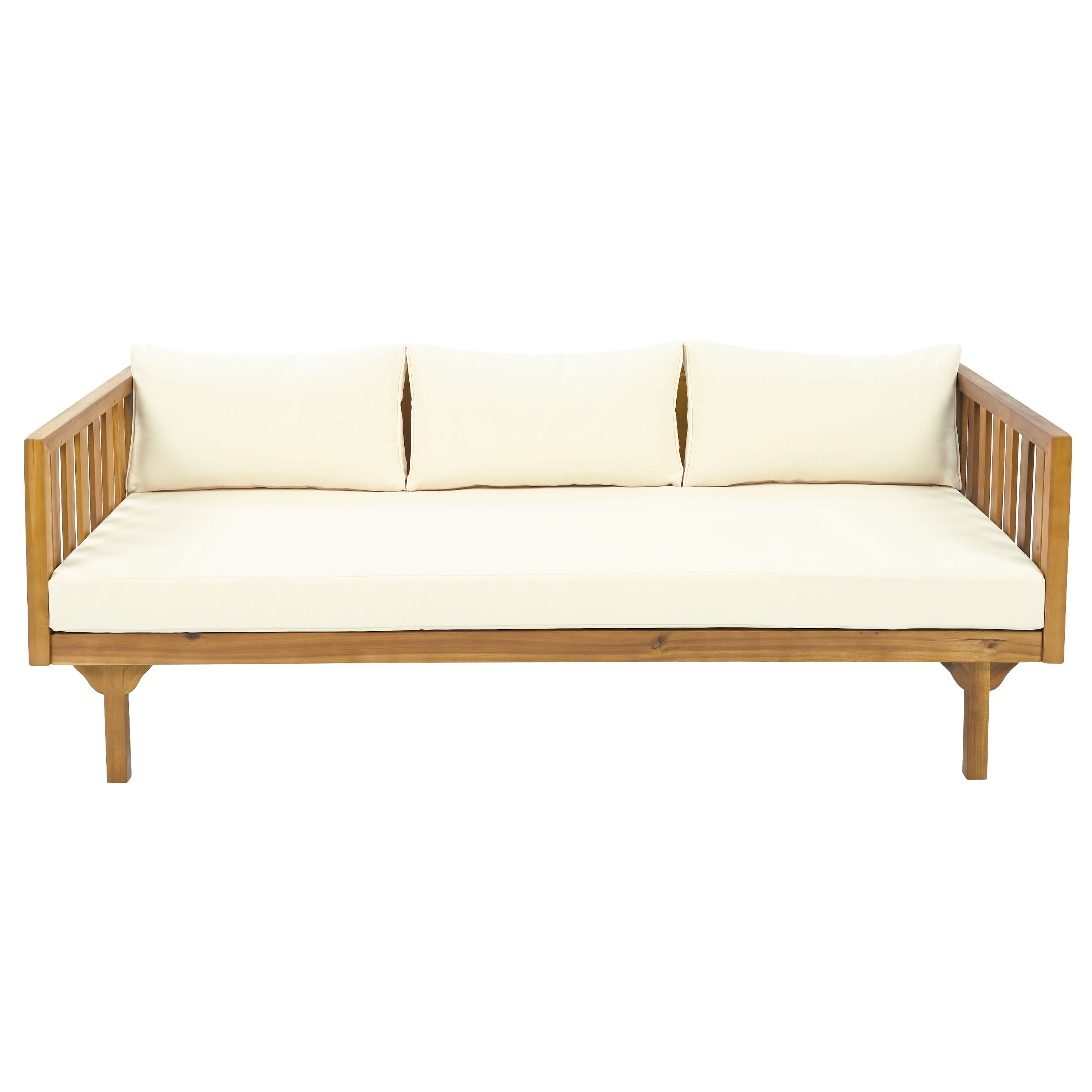 3 Seater Daybed, Outdoor Patio Leisure Daybed for Patio Garden, Teak and Beige