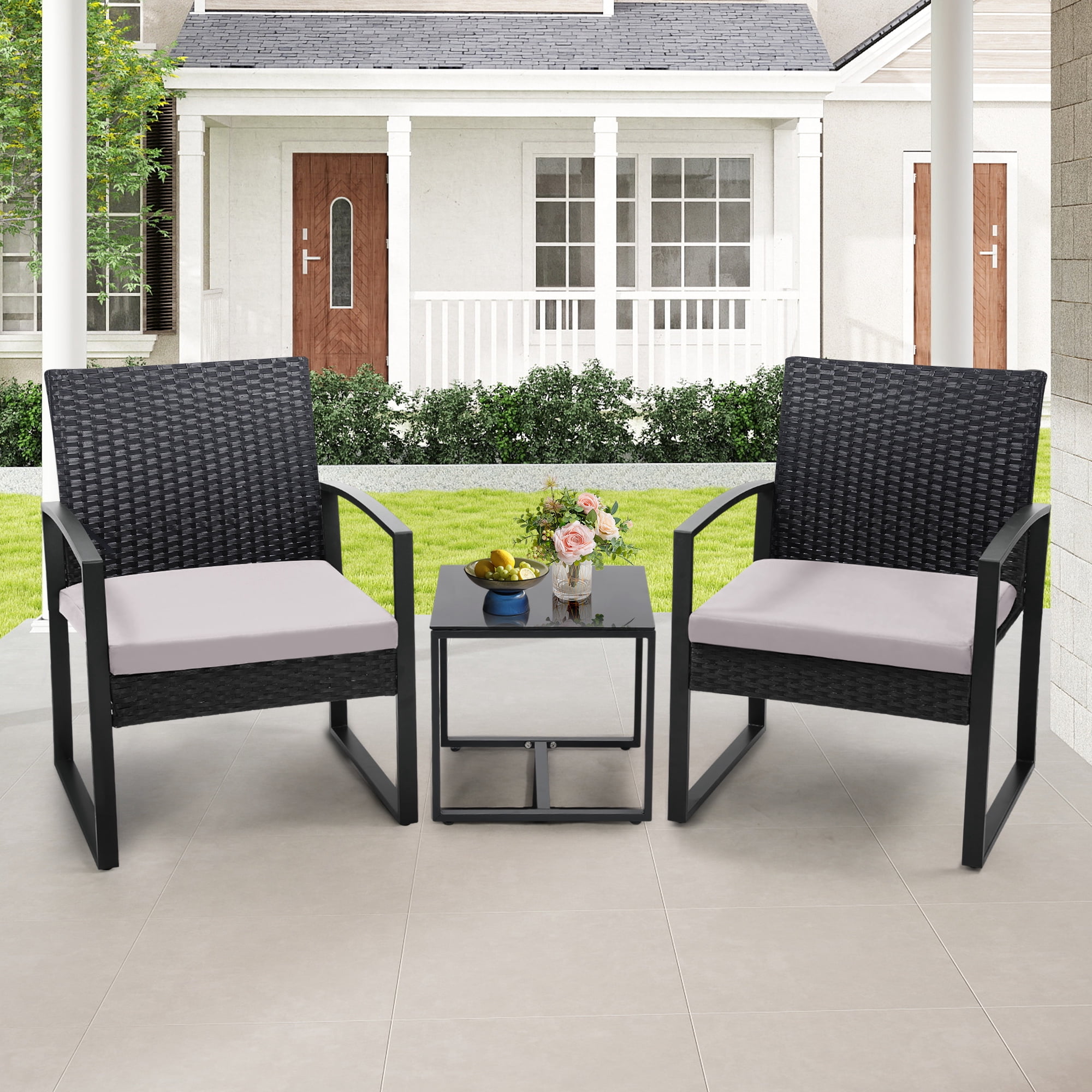 LOGYAT 3 Piece Wicker Patio Bistro Set, All-Weather Rattan Conversation Set with Glass Top Coffee Table, Perfect for Balcony, Porch, Poolside, Black Frame with Grey Cushion