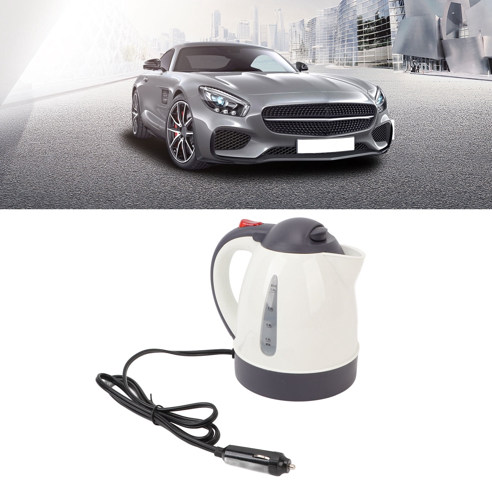Car Electric Kettle, Stainless Steel Plastic Water Level Window 1L Auto Shut Off Electric Truck Water Boiler Heater  For Trip