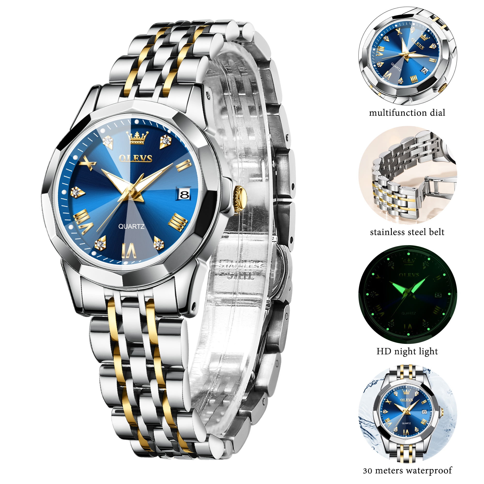 OLEVS Watches for Women Luxury Casual Dress Analog Quartz Digital Date Two Tone Gold Plated Stainless Steel Waterproof Luminous Female Wrist Watch Reloj para Mujer