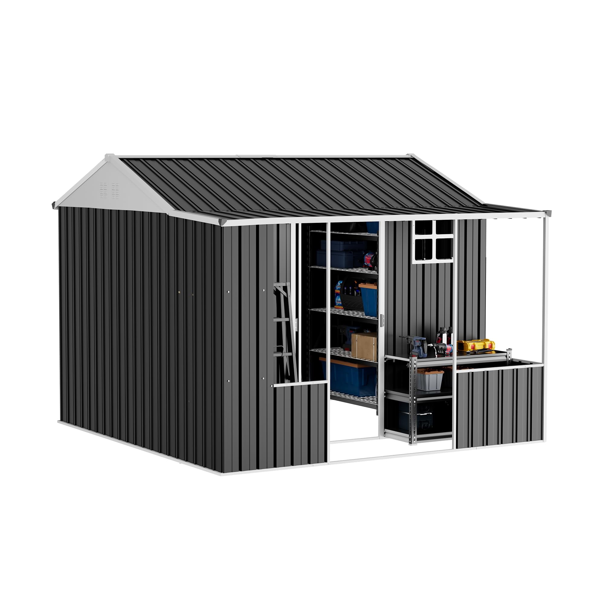 Jocisland 9x9x7 FT Metal Storage Shed, Dual-Zone Tool Shed with Work Area, Reinforced Frame, Gable Roof, Ventilated Design, Dark Grey