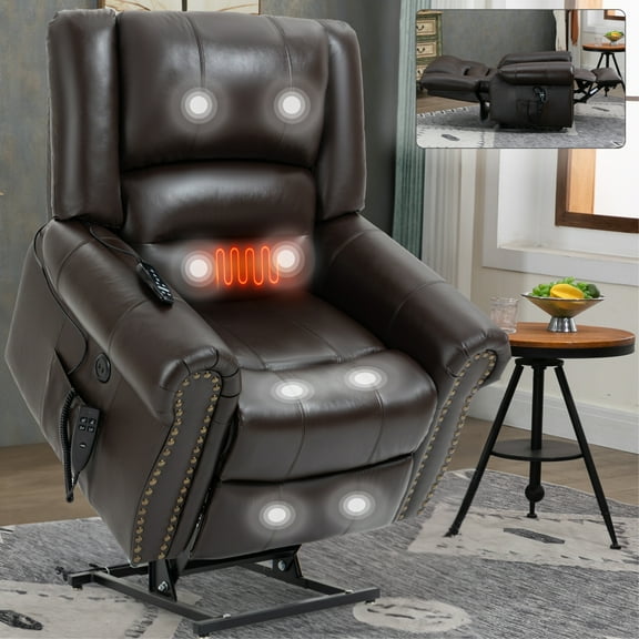 Power Lift Recliner Chair,Heavy Duty Recliners for Elderly with Heat and Massage,Faux Leather Recliner Chair with Infinite Position and USB Ports,Up to 350 LBS,Brown