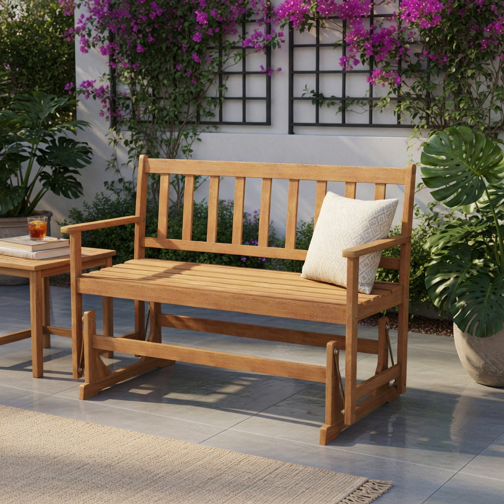 Hommoo 2-Person Acacia Wood Glider Bench Swing Loveseat, Outdoor Rocking Patio Bench with Smooth Glide, Ergonomic 105° Back Angle, Natural