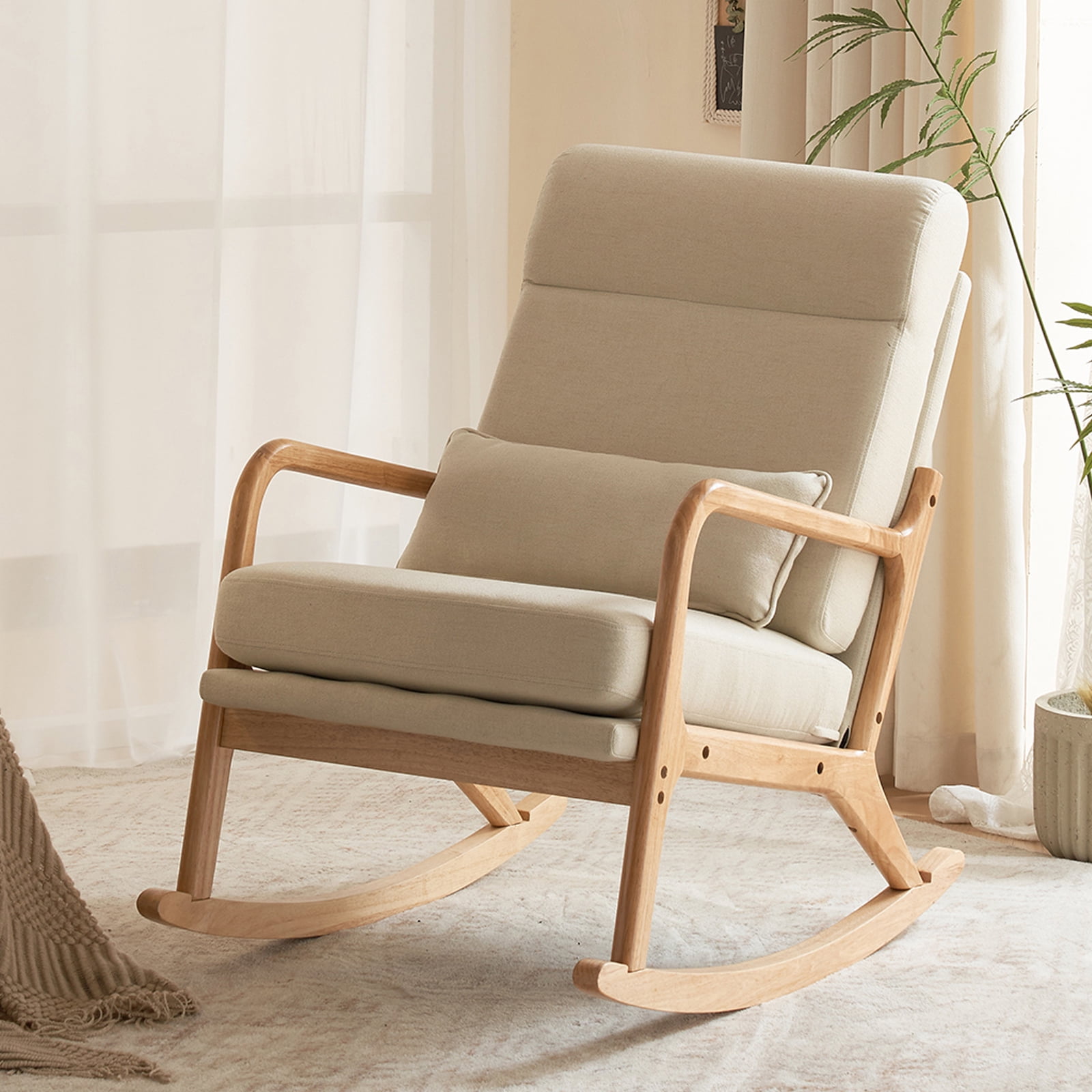 UWR-Nite Rocking Chair Nursery, 25.2" High Backrest Mid-Century Rocking Chair with Wooden Armrest Upholstered Glider Rocker with Free Lumbar Pillow for Living Room