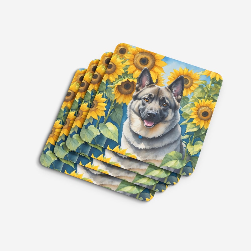 Norwegian Elkhound in Sunflowers Foam Coasters 3.5 in x 3.5 in