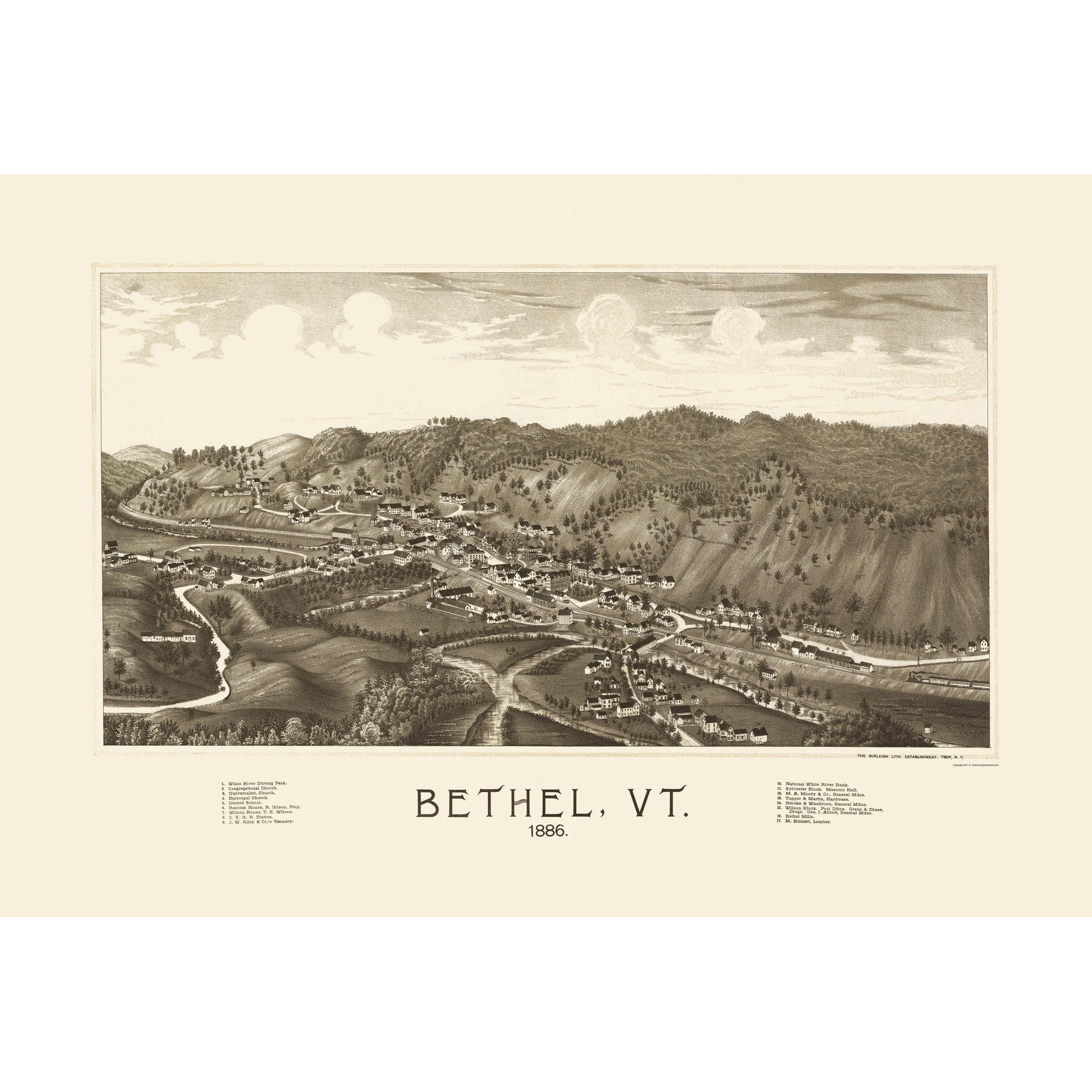 Historic Panoramic View - Bethel Vermont - Burleigh 1886 - Vintage Wall Art