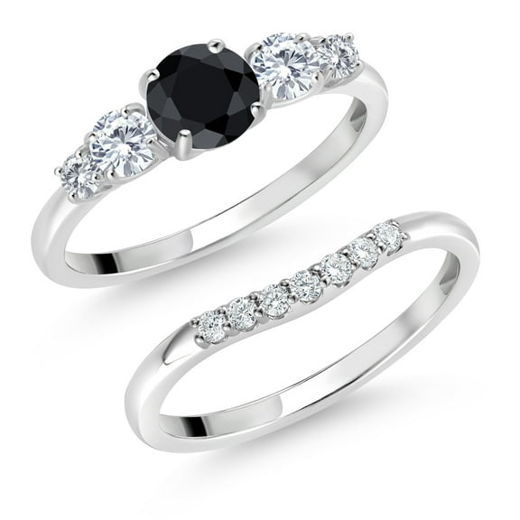 Gem Stone King 10K White Gold Black Sapphire and White Lab Grown Diamond 5 Stone Bridal Engagement Wedding Ring Set for Women (1.00 Cttw, Round: 5MM and 3MM, Size 9)