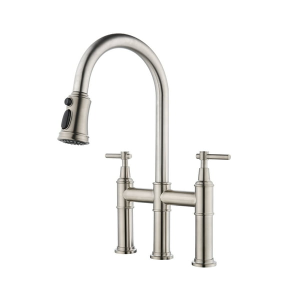 Bridge Kitchen Faucet,3 Hole Farmhouse Kitchen Sink Faucet with Pull Down Sprayer,2 Handle,Brass